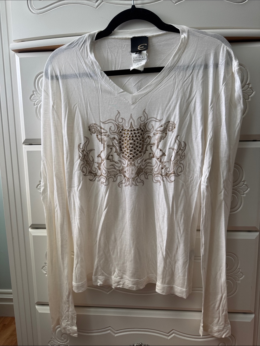 Just Cavalli White Long-Sleeve V-Neck Shirt with Ornate Crest
